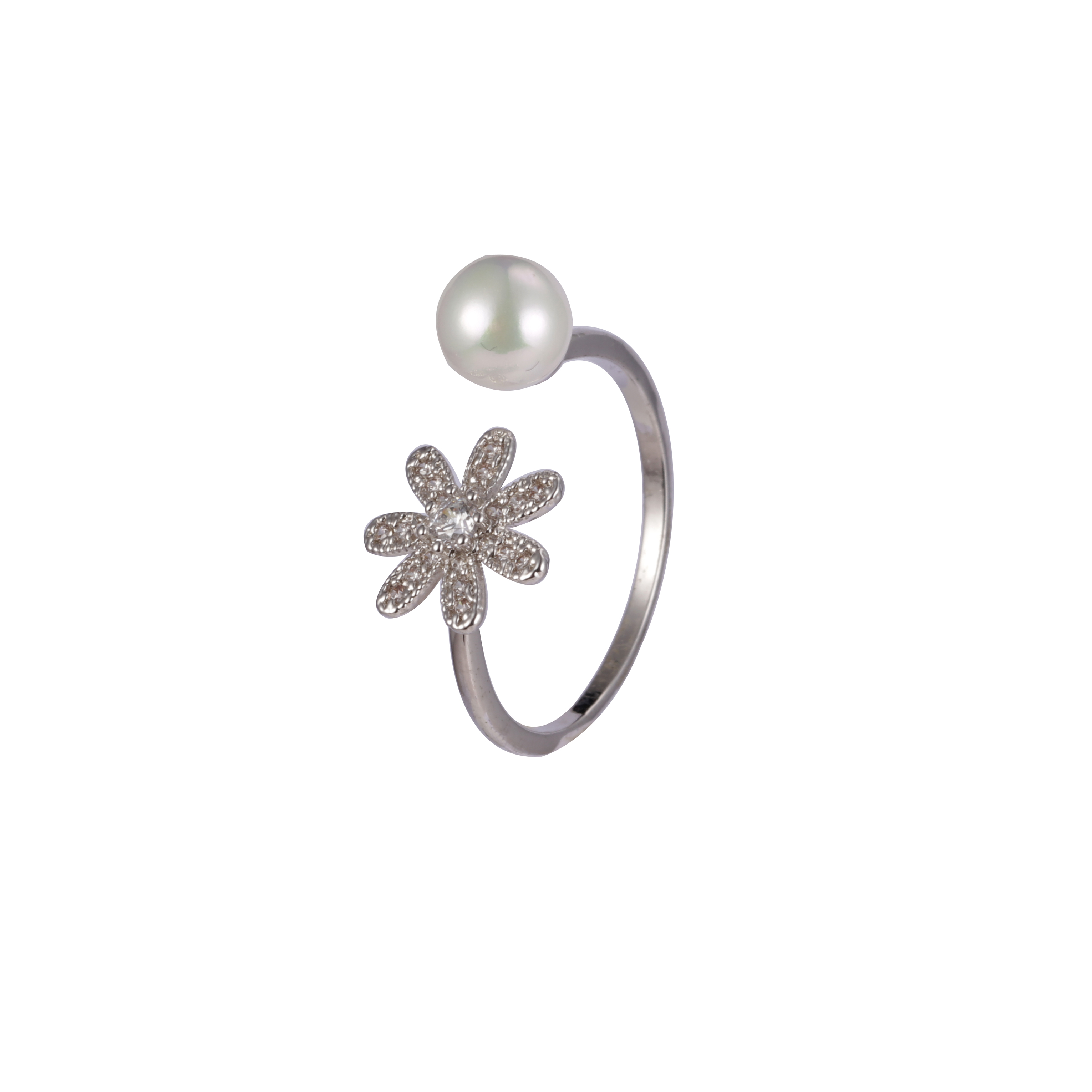 方晶锆石花卉珍珠戒指