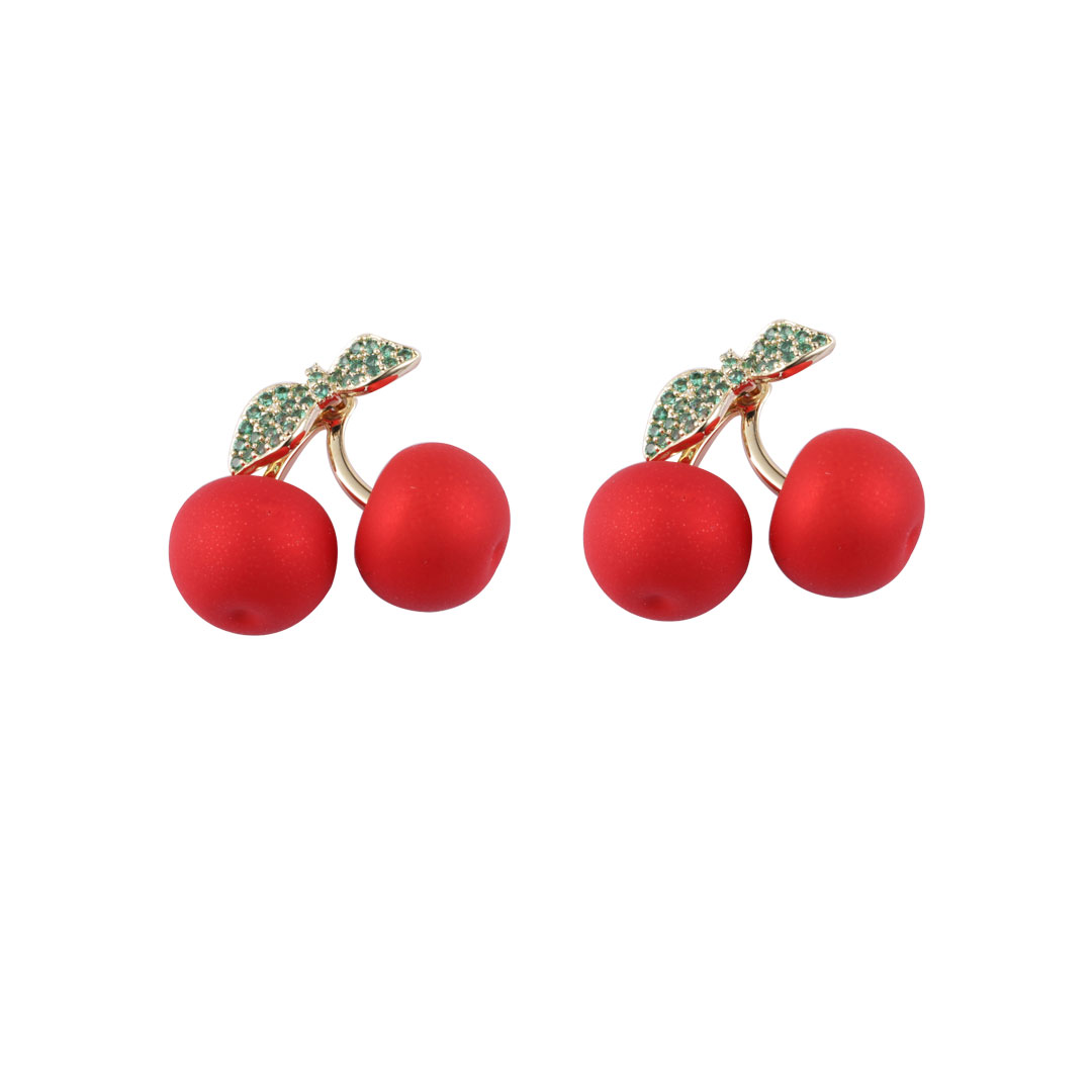 立方锆石红樱桃耳环珐琅彩绘首饰