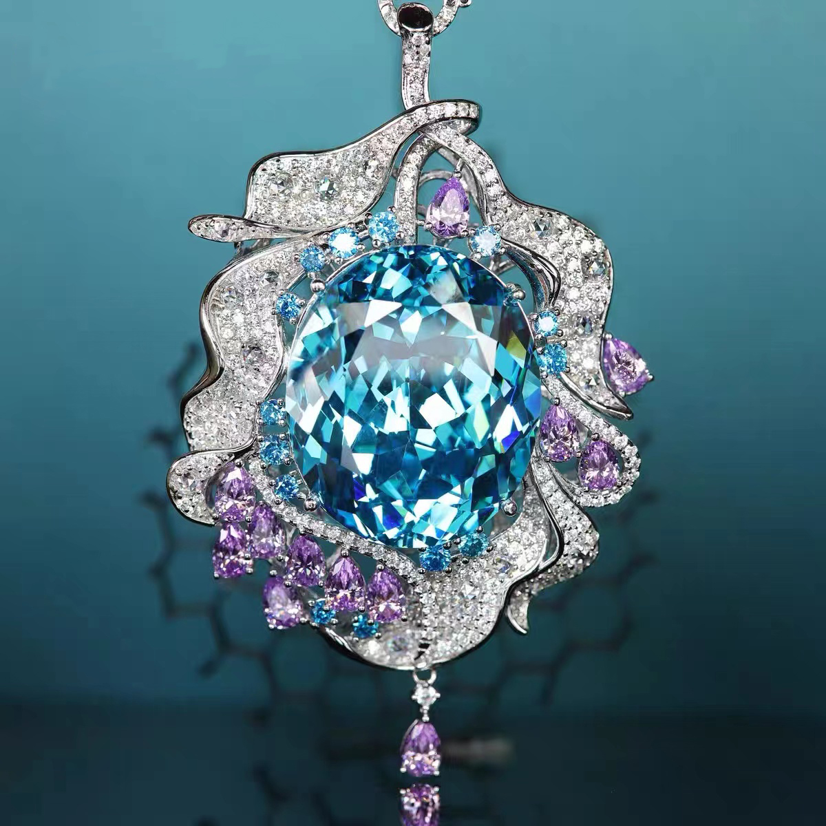 蓝色水晶宝石和紫色小宝石吊坠项链 NTB034